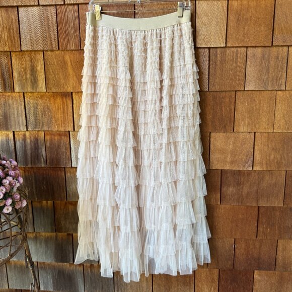 VTG Ruffled Tulle Latte Midi Skirt with Elastic Waist in Women's Large - Picture 4 of 7